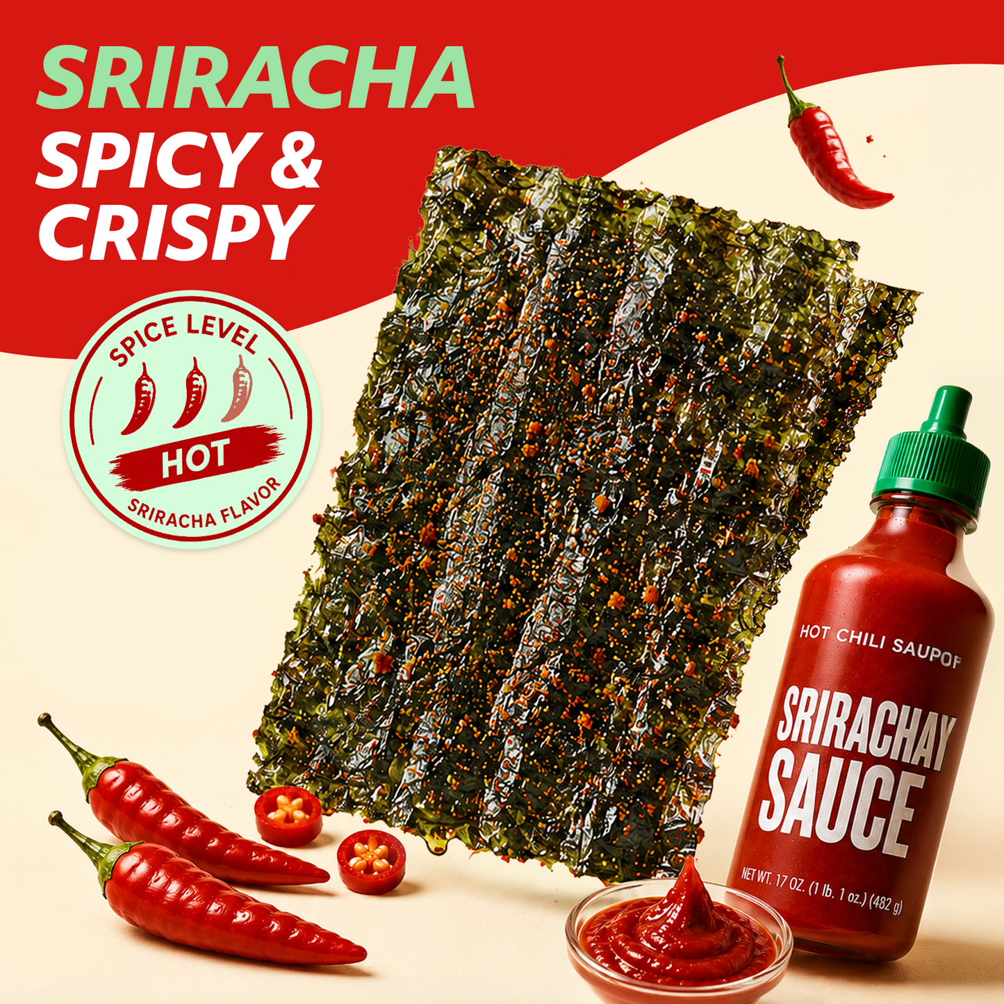 Korean Seasoned Spicy Seaweed Sheets, 6 Convenient Packs (0.14oz Each) Sriracha Flavor