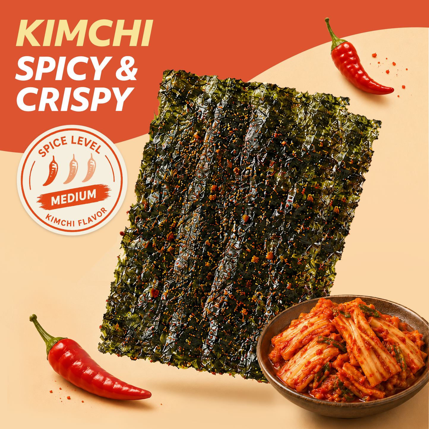 Korean Seasoned Spicy Seaweed Sheets, 6 Convenient Packs (0.14oz Each) Kimchi Flavor