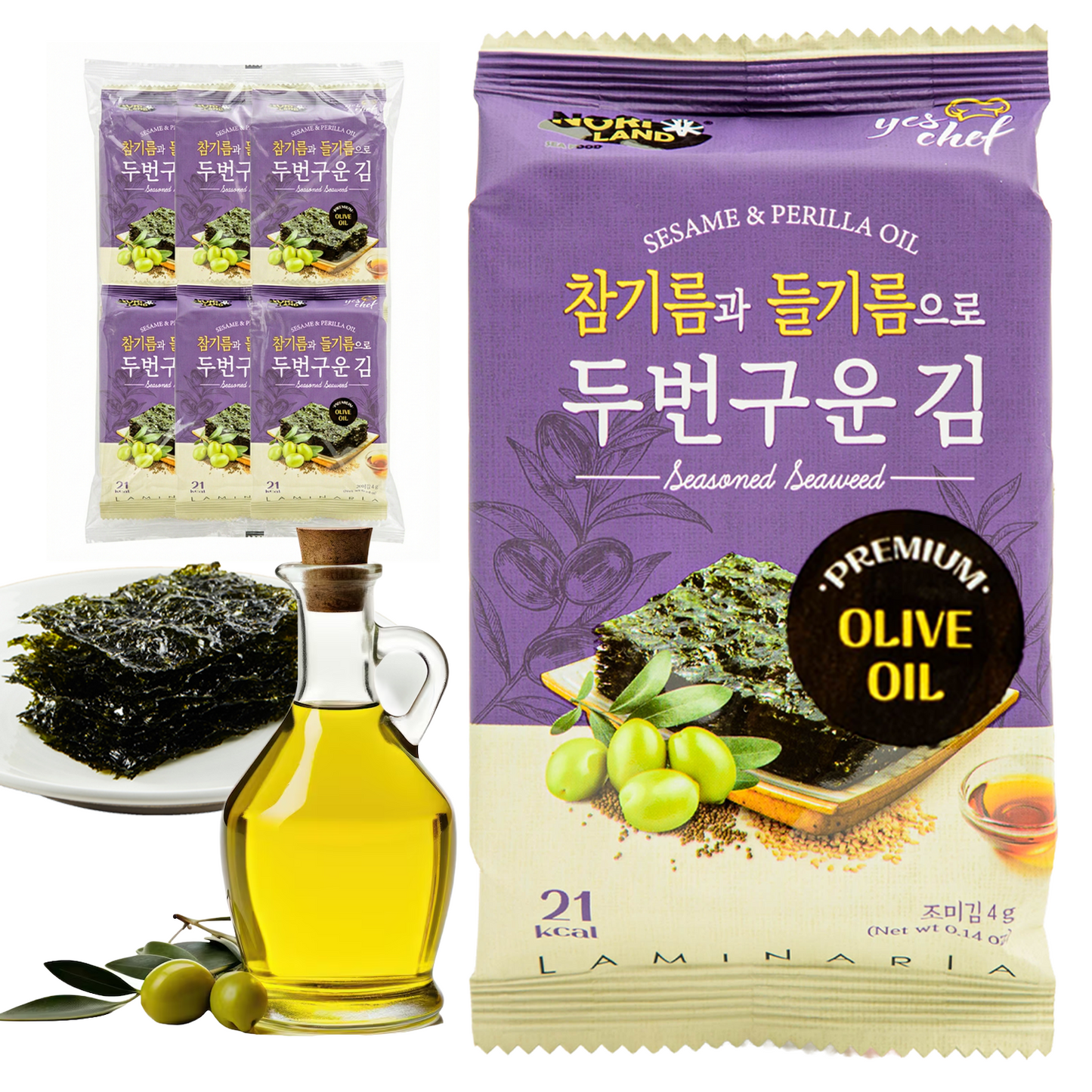 Korean Seasoned Spicy Seaweed Sheets, 6 Convenient Packs (0.14oz Each) olive Flavor