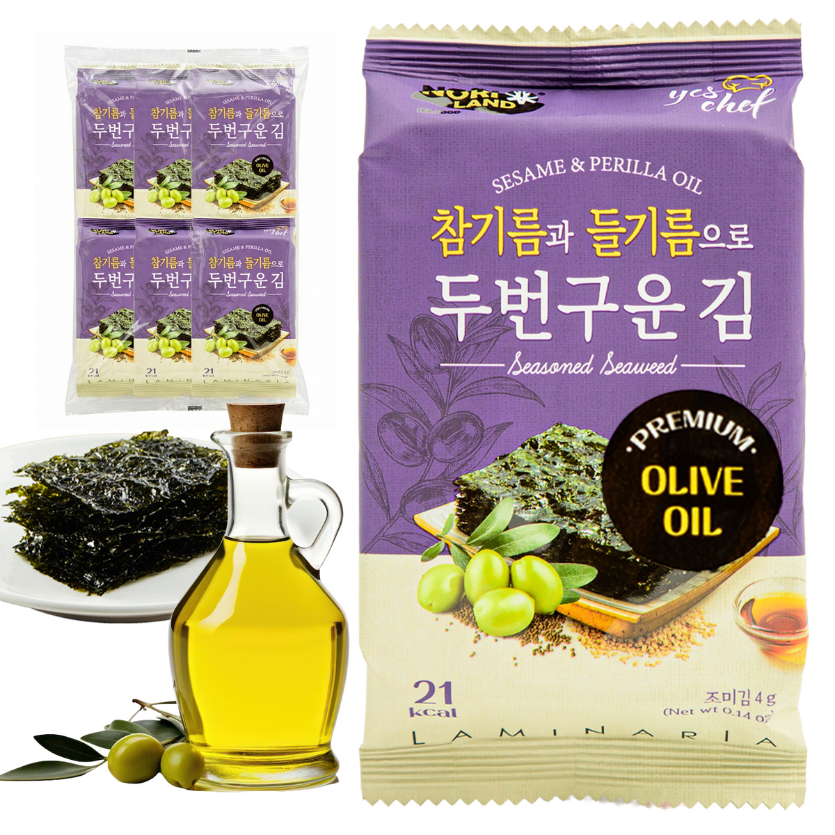 Korean Seasoned Spicy Seaweed Sheets, 6 Convenient Packs (0.14oz Each) olive Flavor