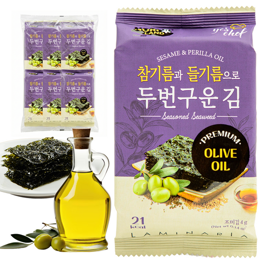 Korean Seasoned Spicy Seaweed Sheets, 6 Convenient Packs (0.14oz Each) olive Flavor