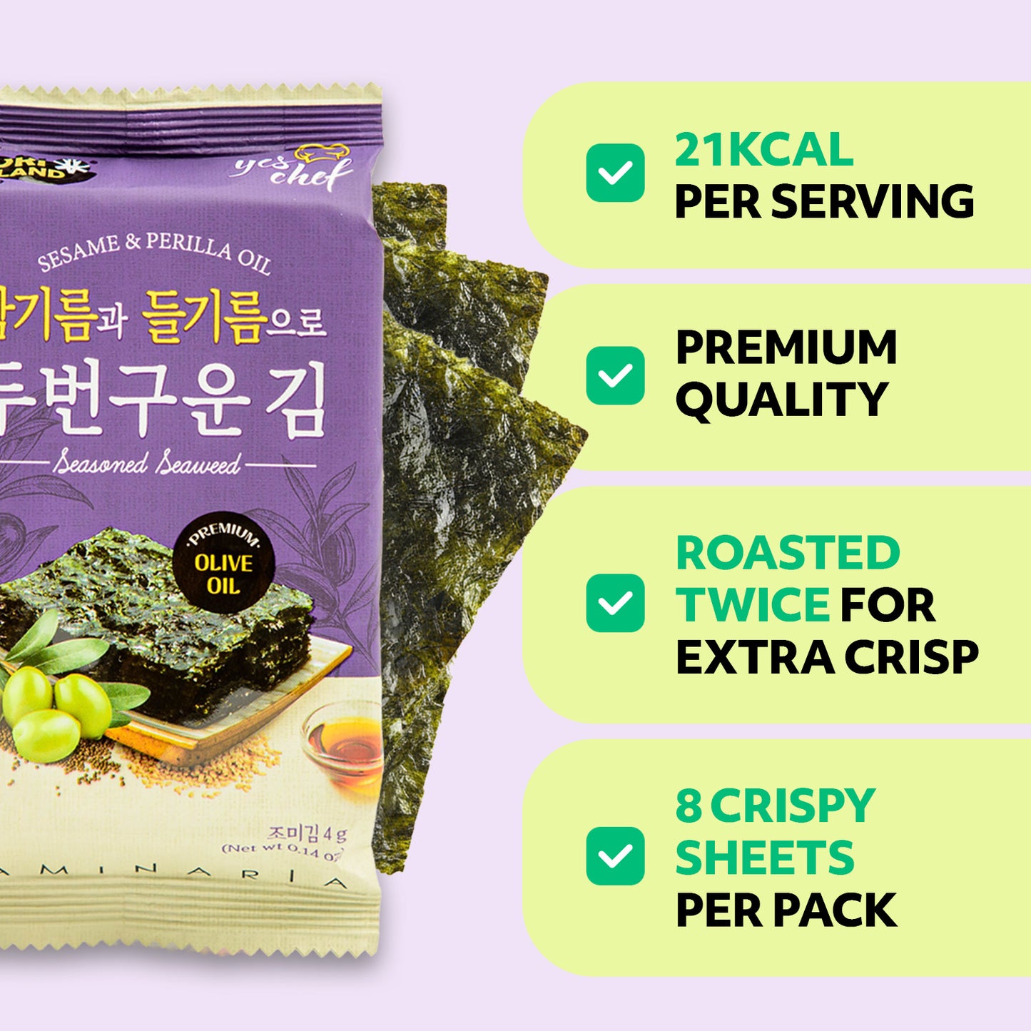 Korean Seasoned Spicy Seaweed Sheets, 6 Convenient Packs (0.14oz Each) olive Flavor