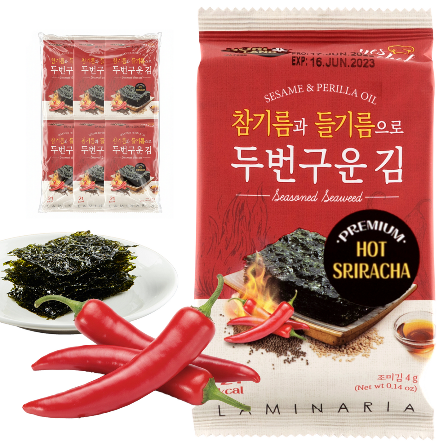 Korean Seasoned Spicy Seaweed Sheets, 6 Convenient Packs (0.14oz Each) Sriracha Flavor