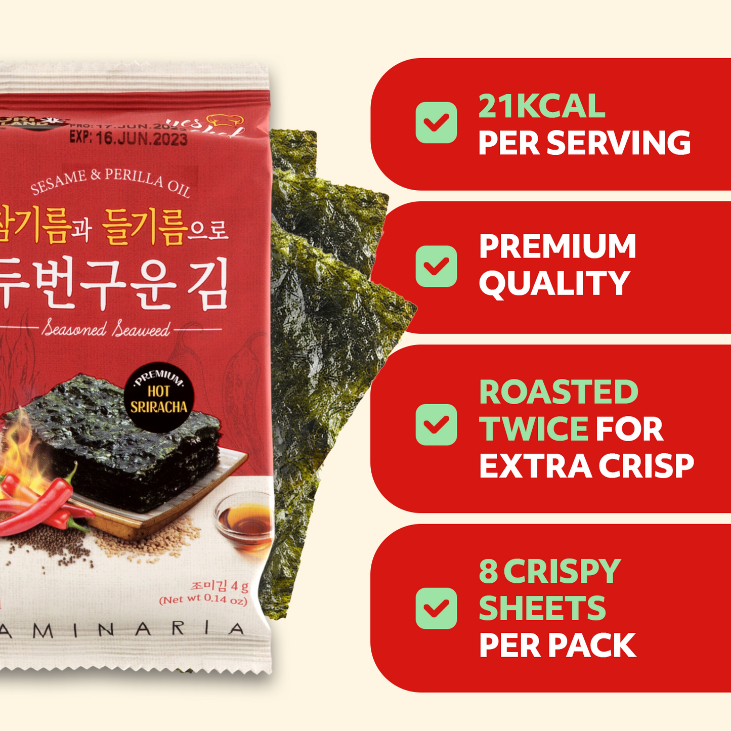 Korean Seasoned Spicy Seaweed Sheets, 6 Convenient Packs (0.14oz Each) Sriracha Flavor