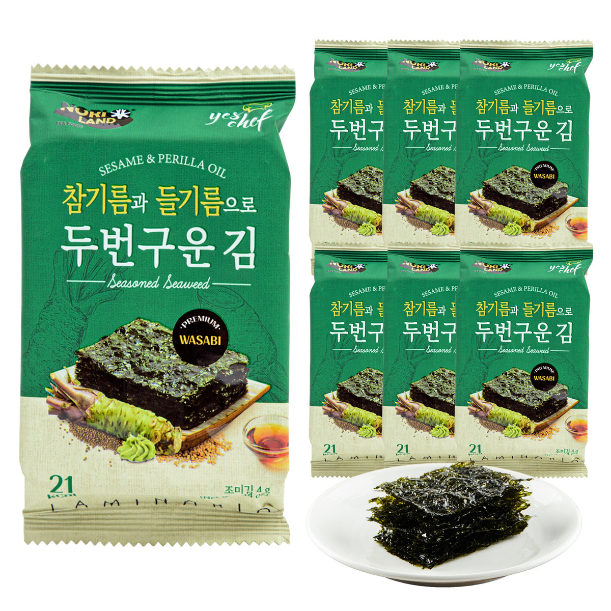 Korean Seasoned Spicy Seaweed Sheets, 6 Convenient Packs (0.14oz Each) Wasabi Flavor
