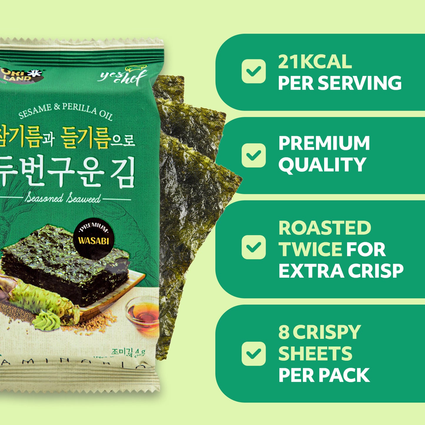 Korean Seasoned Spicy Seaweed Sheets, 12 Convenient Packs (0.14oz Each) Wasabi Flavor