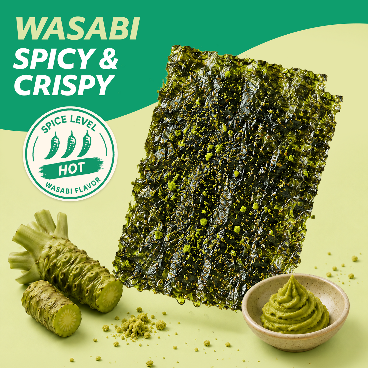 Korean Seasoned Spicy Seaweed Sheets, 12 Convenient Packs (0.14oz Each) Wasabi Flavor